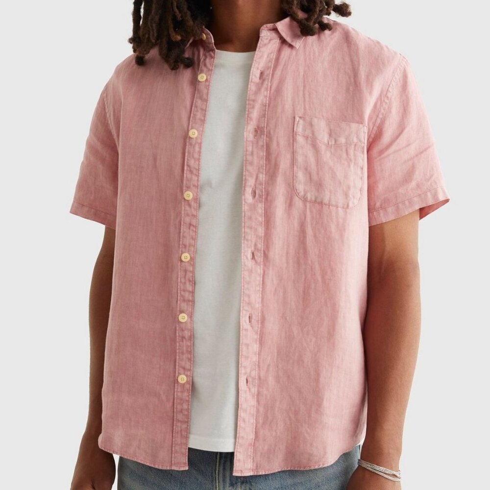 Lucky Brand 100% Linen Short Sleeve Button Up Shirt Pink S